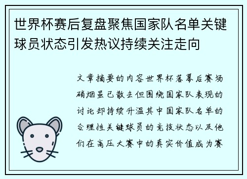世界杯赛后复盘聚焦国家队名单关键球员状态引发热议持续关注走向